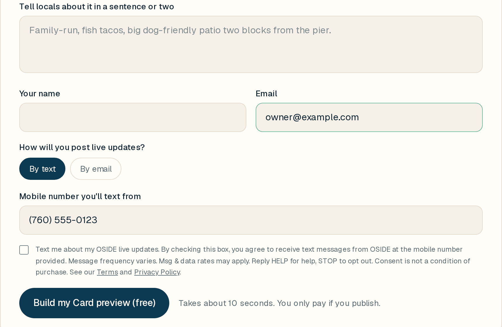 OSIDE Card sign-up form showing the mobile number field and the unchecked SMS consent checkbox with full disclosure text